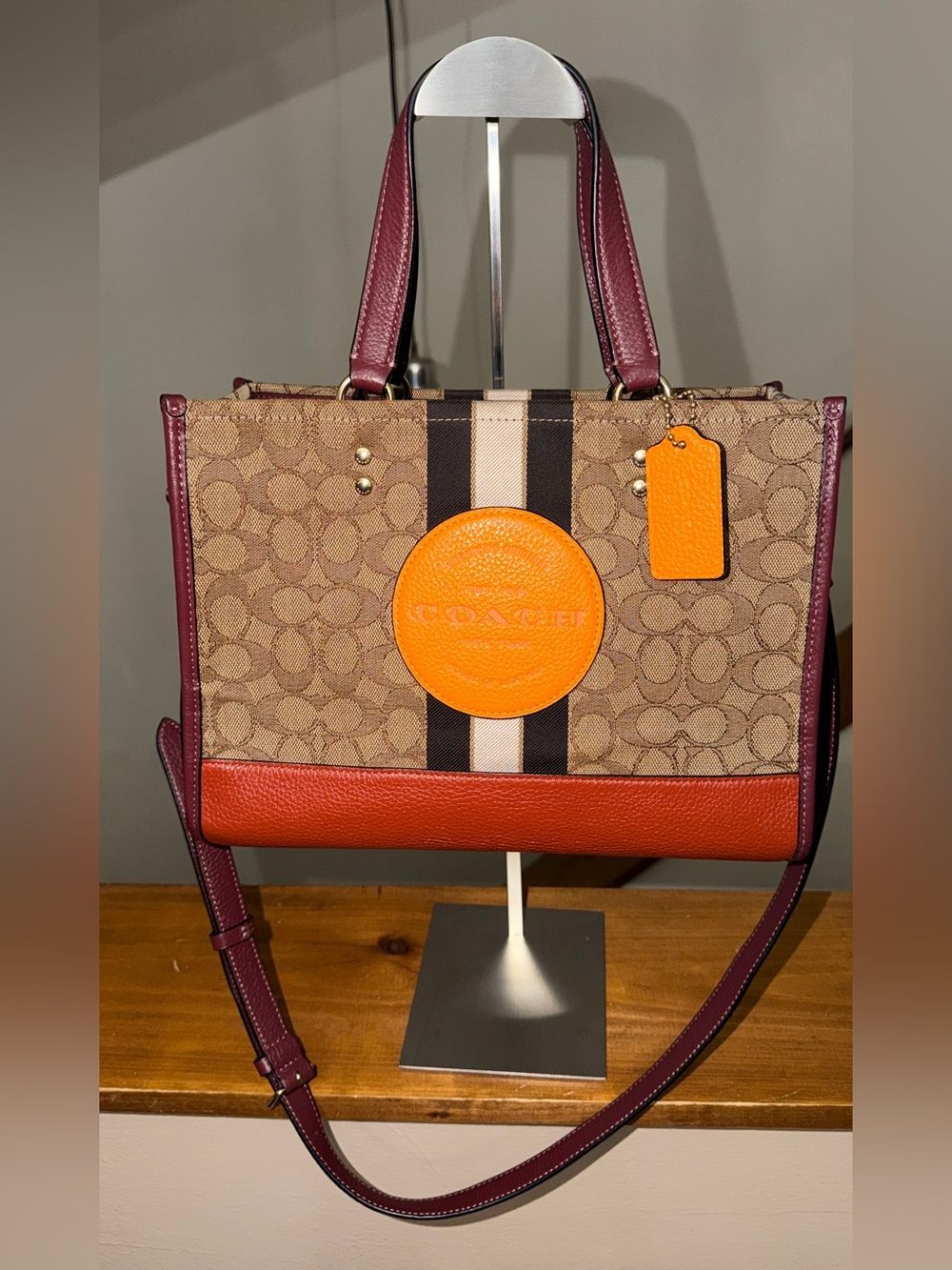 Coach Dempsey Tote Signature Canvas Burgundy Orange Stripe EUC